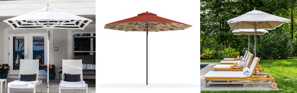 Two-tone commercial umbrellas with sewn-in fabric panels creating layered color contrast, ideal for upscale resorts, pools, and hospitality environments.
